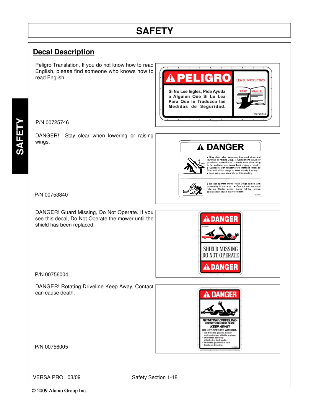 Alamo 803350C manual Decal Description, Safety 