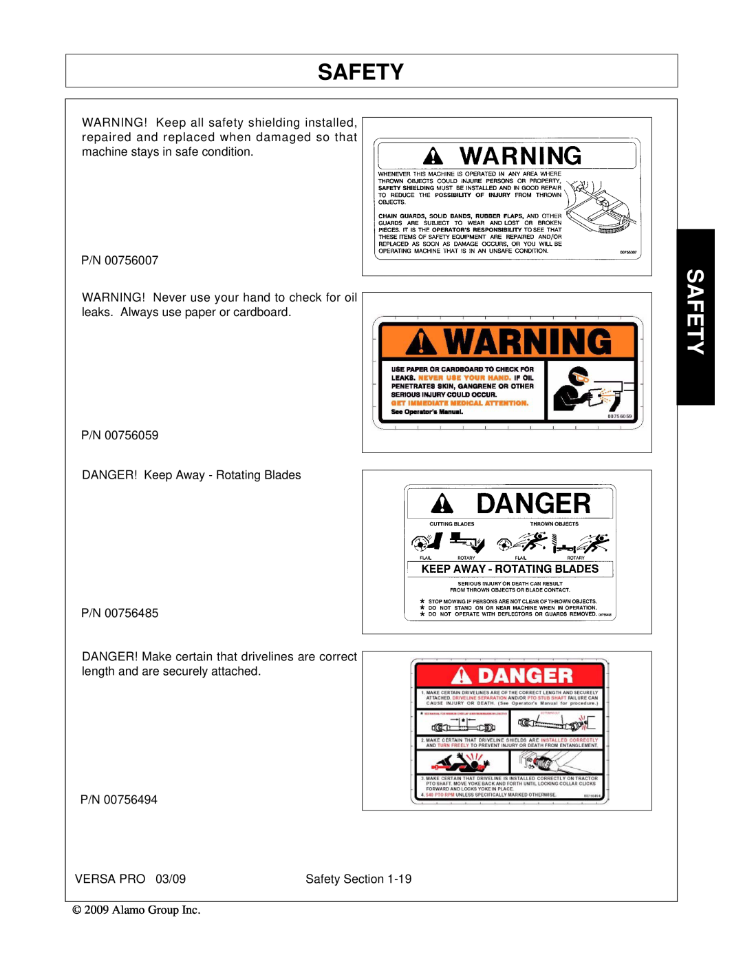 Alamo 803350C manual P/N DANGER! Keep Away - Rotating Blades P/N, VERSA PRO 03/09, Safety Section 