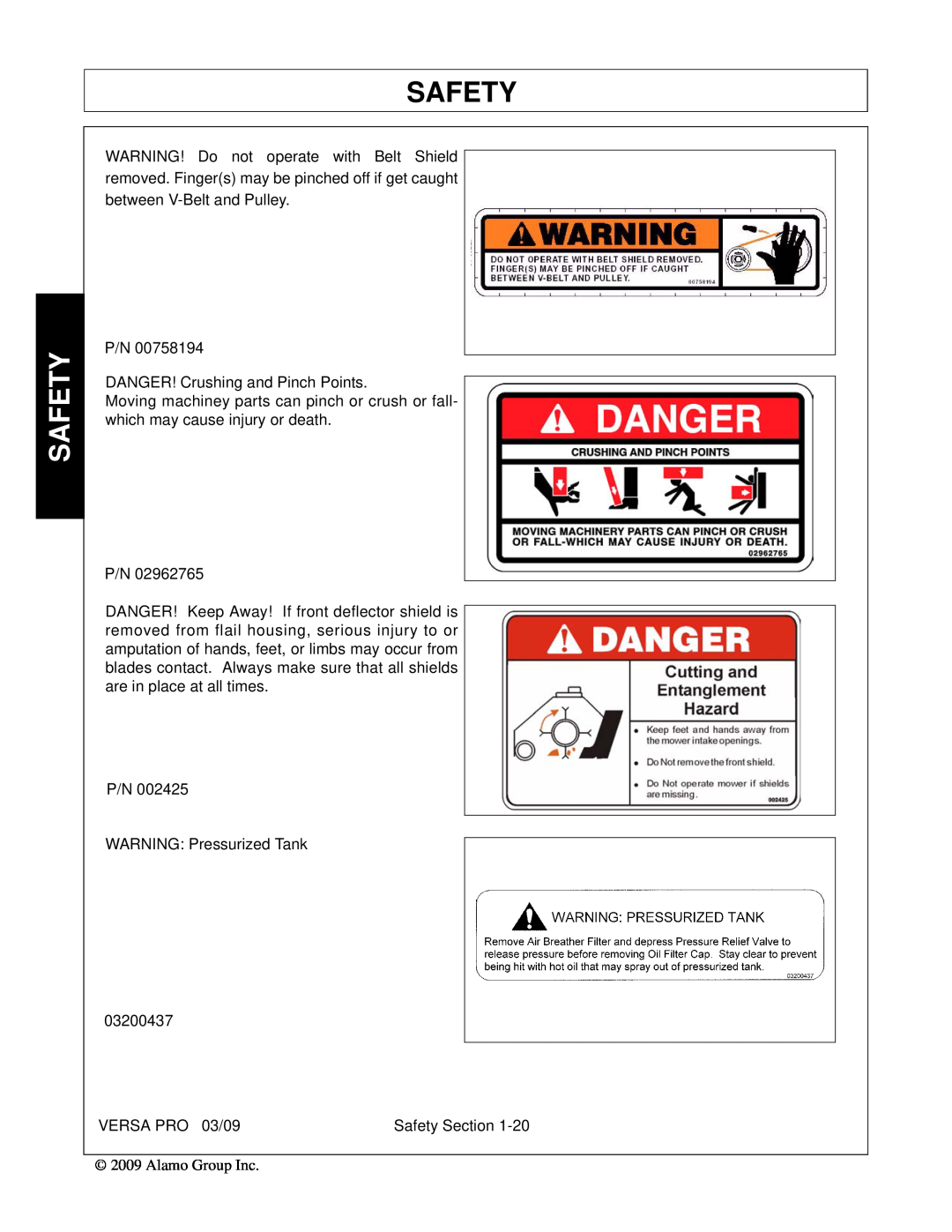 Alamo 803350C manual Safety, P/N DANGER! Crushing and Pinch Points 