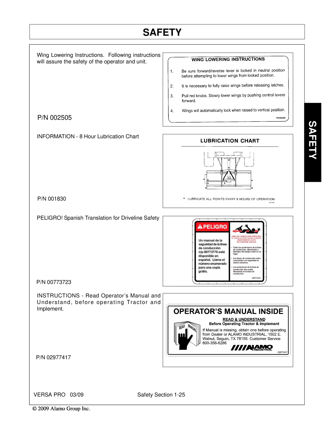Alamo 803350C manual INFORMATION - 8 Hour Lubrication Chart P/N, PELIGRO! Spanish Translation for Driveline Safety 