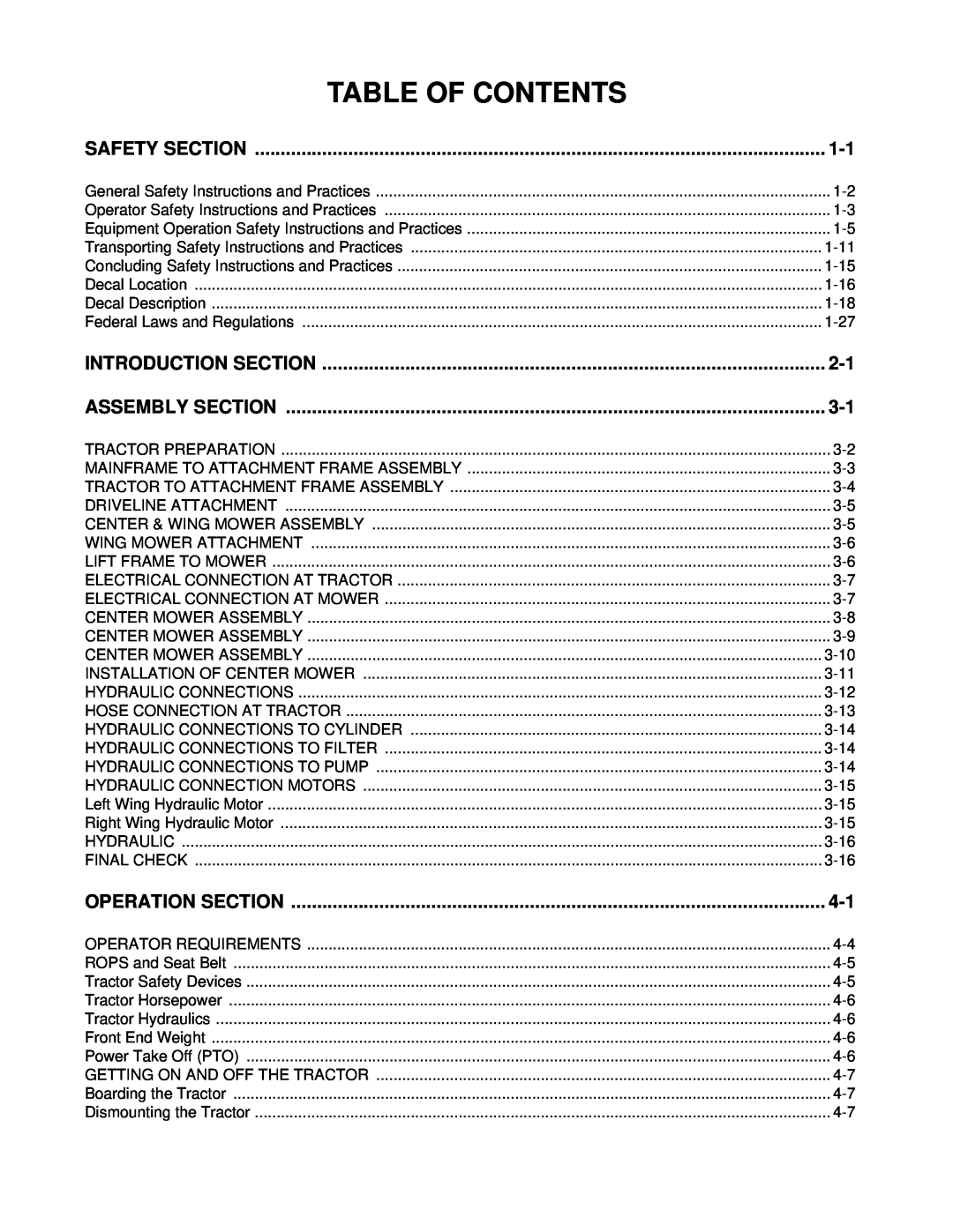 Alamo 803350C manual Table Of Contents, Safety Section, Introduction Section, Assembly Section, Operation Section 