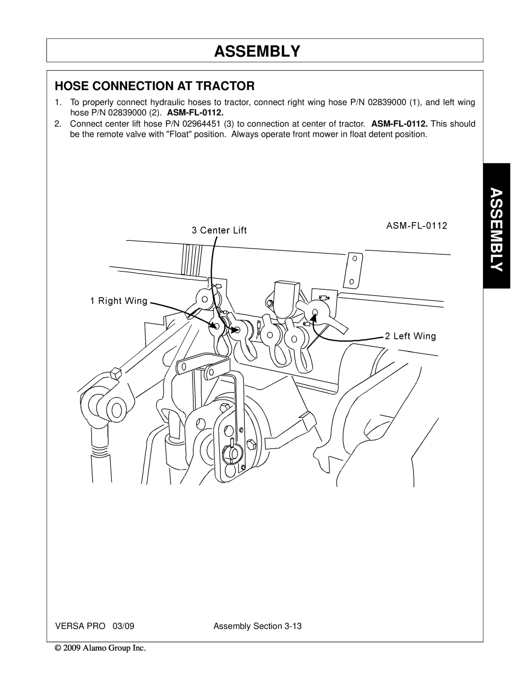 Alamo 803350C manual Hose Connection At Tractor, Assembly 