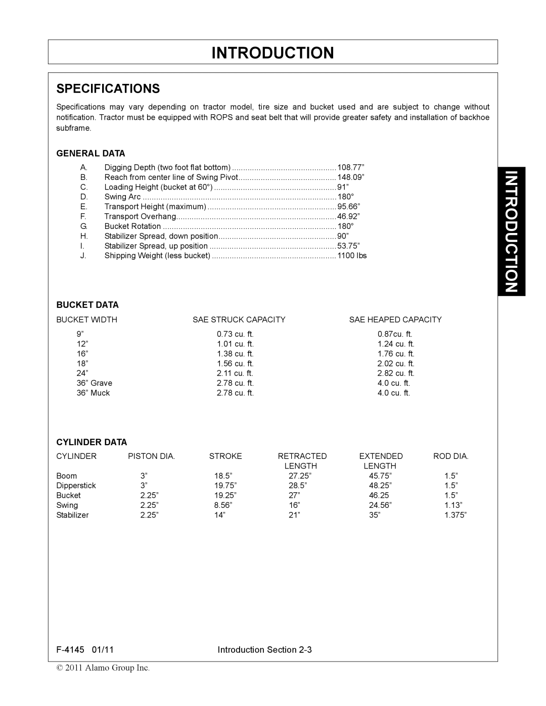 Alamo 95C manual General Data, Bucket Data, Cylinder Data 