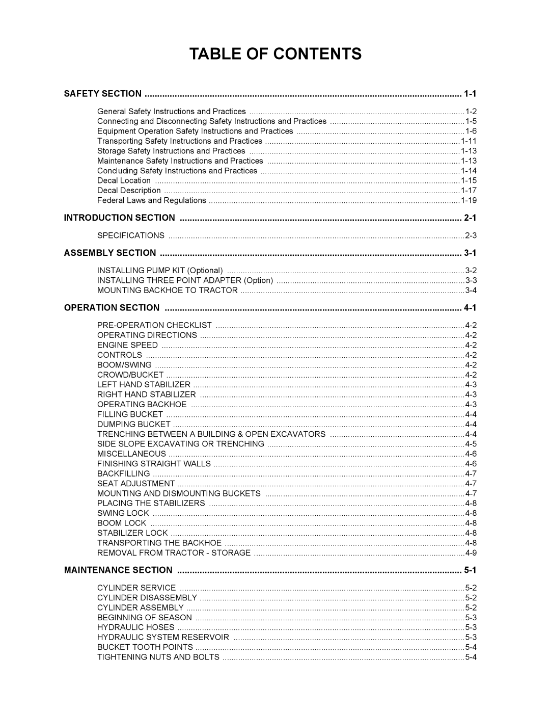 Alamo 95C manual Table of Contents 