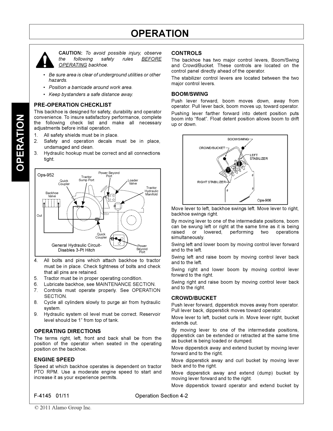 Alamo 95C manual PRE-OPERATION Checklist, Operating Directions, Engine Speed, Controls, Boom/Swing, Crowd/Bucket 