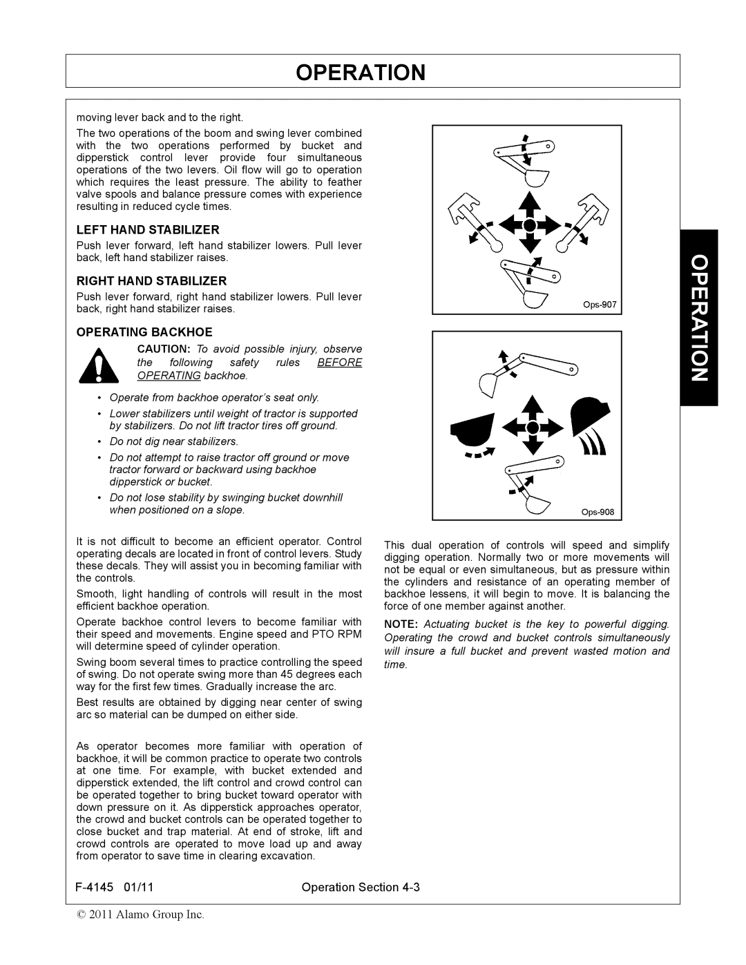 Alamo 95C manual Left Hand Stabilizer, Right Hand Stabilizer, Operating Backhoe 