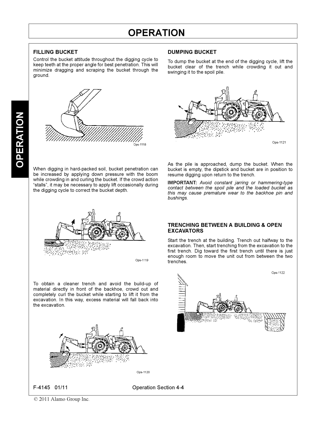 Alamo 95C manual Filling Bucket, Dumping Bucket, Trenching Between a Building & Open Excavators 