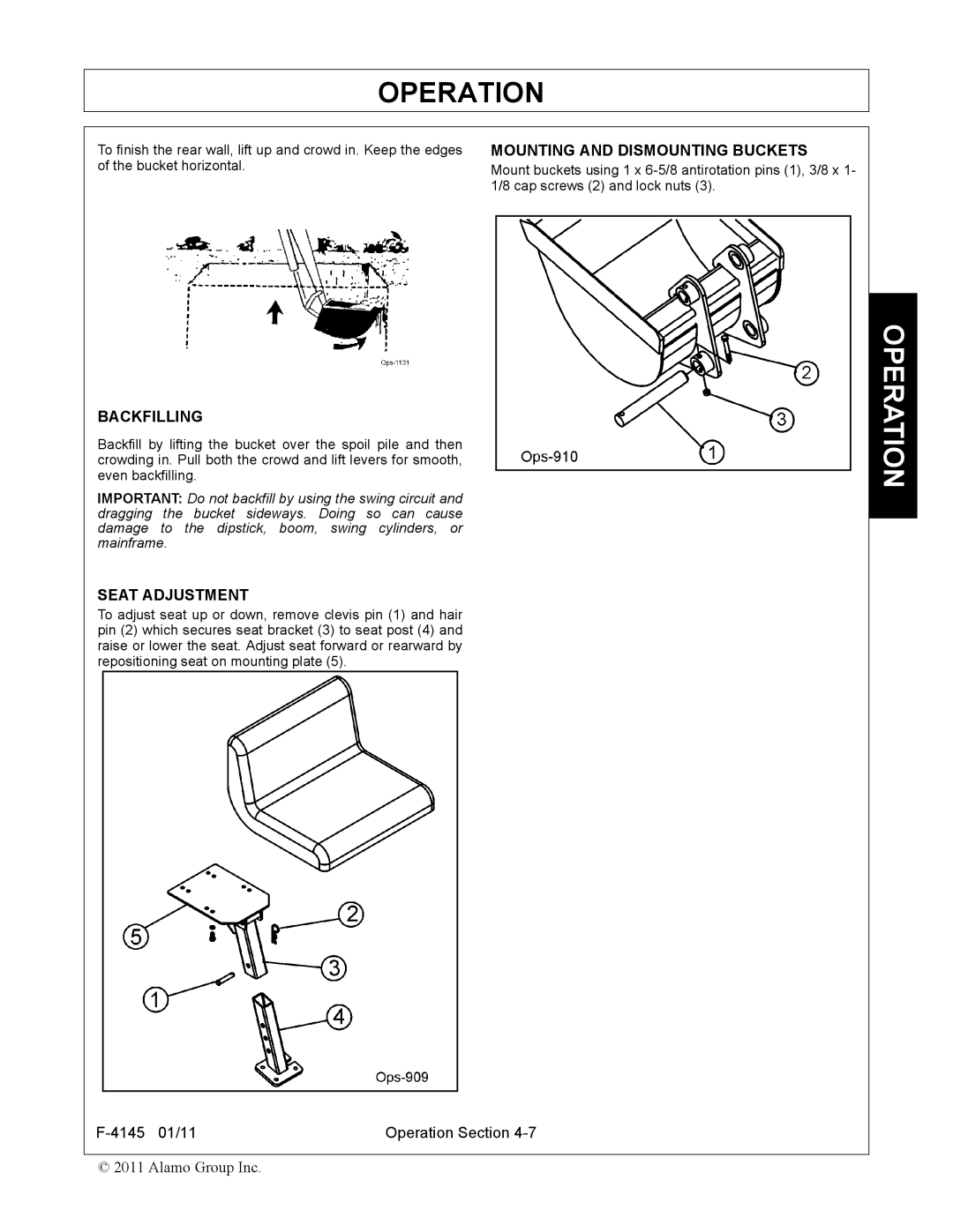 Alamo 95C manual Backfilling, Seat Adjustment, Mounting and Dismounting Buckets 