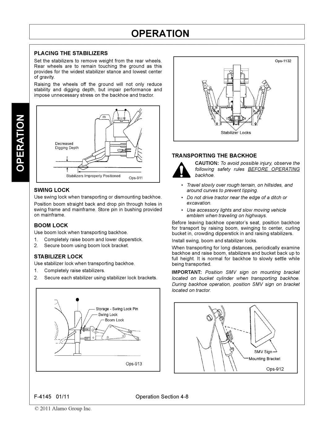 Alamo 95C manual Placing the Stabilizers, Swing Lock, Boom Lock, Stabilizer Lock, Transporting the Backhoe 