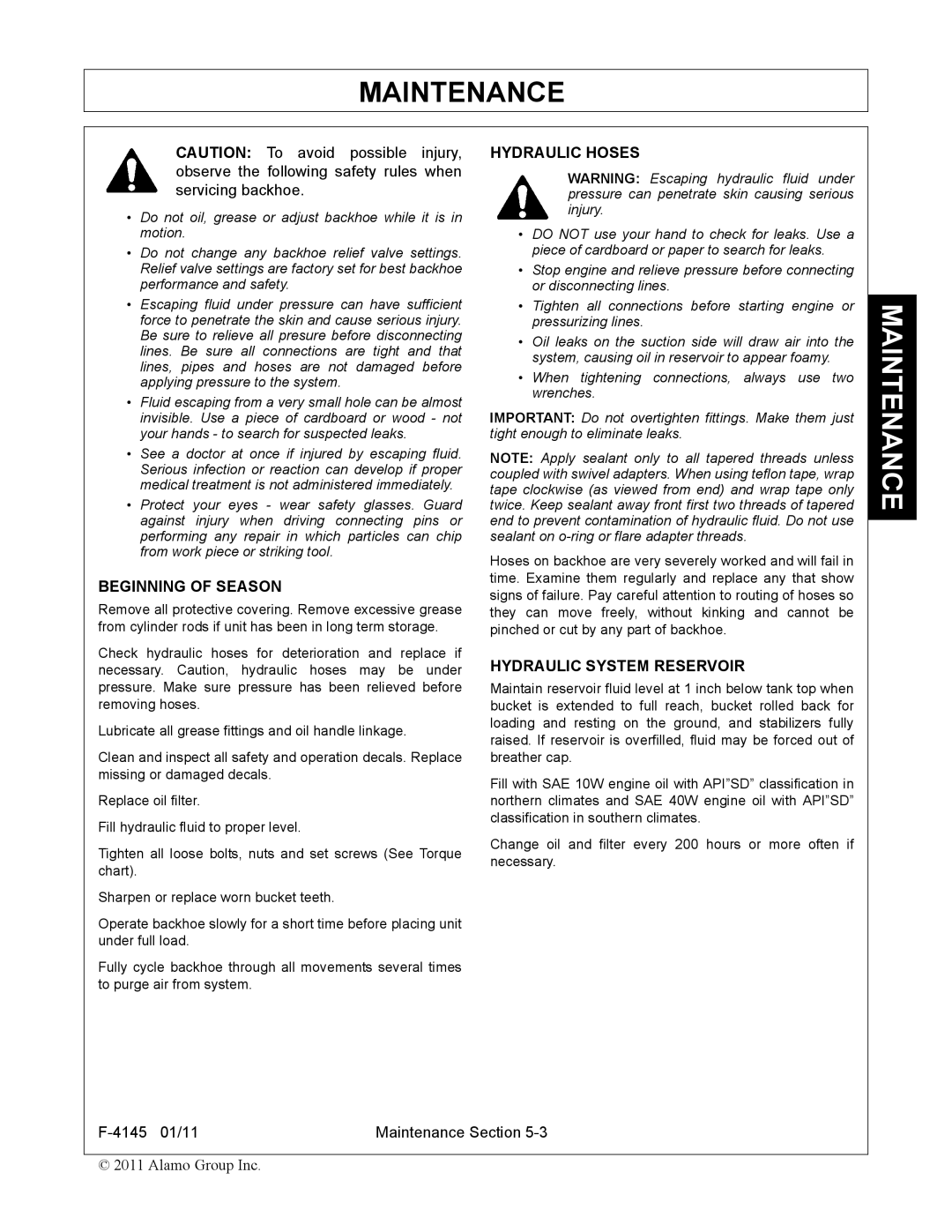 Alamo 95C manual Beginning of Season, Hydraulic Hoses, Hydraulic System Reservoir 