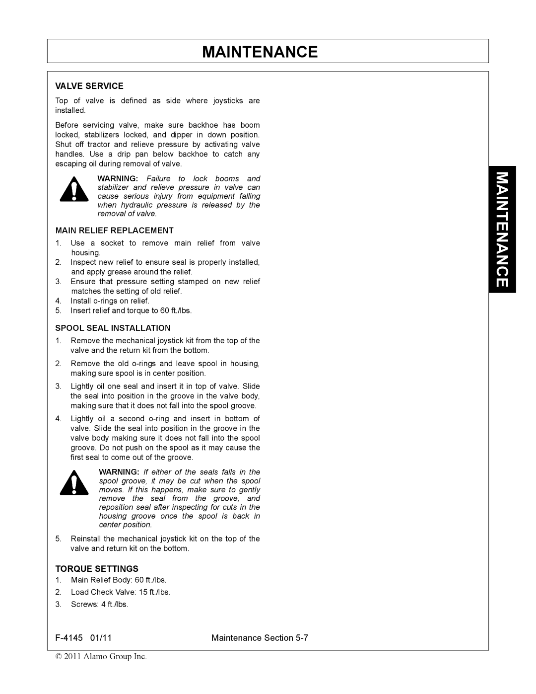 Alamo 95C manual Valve Service, Main Relief Replacement, Spool Seal Installation, Torque Settings 