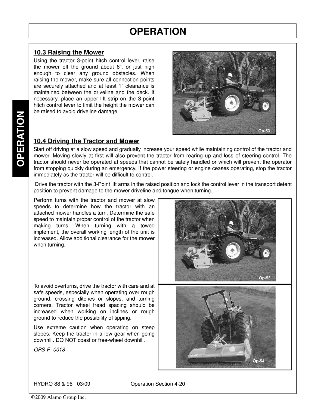 Alamo 96, 88 manual Raising the Mower, Driving the Tractor and Mower 