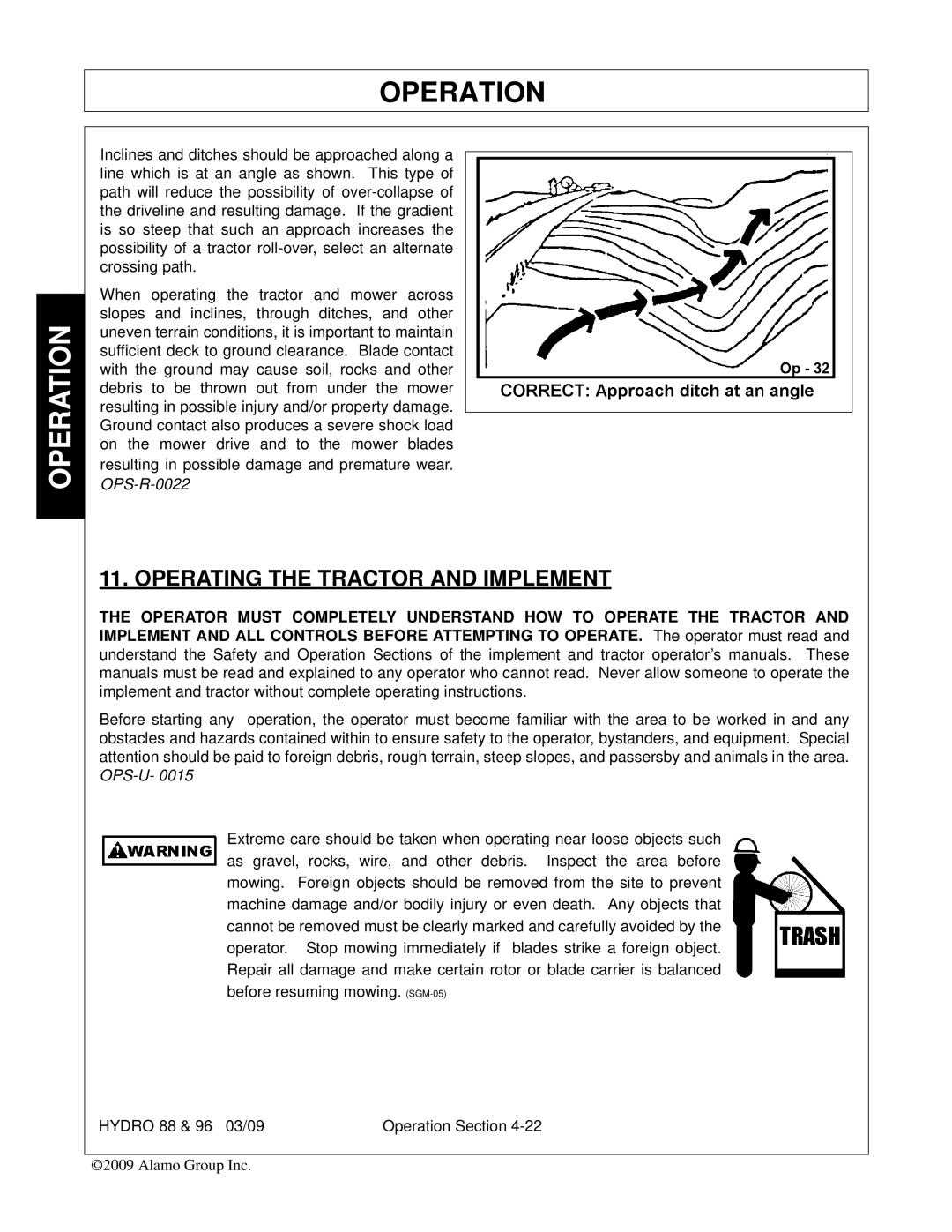 Alamo 96, 88 manual Operating the Tractor and Implement 