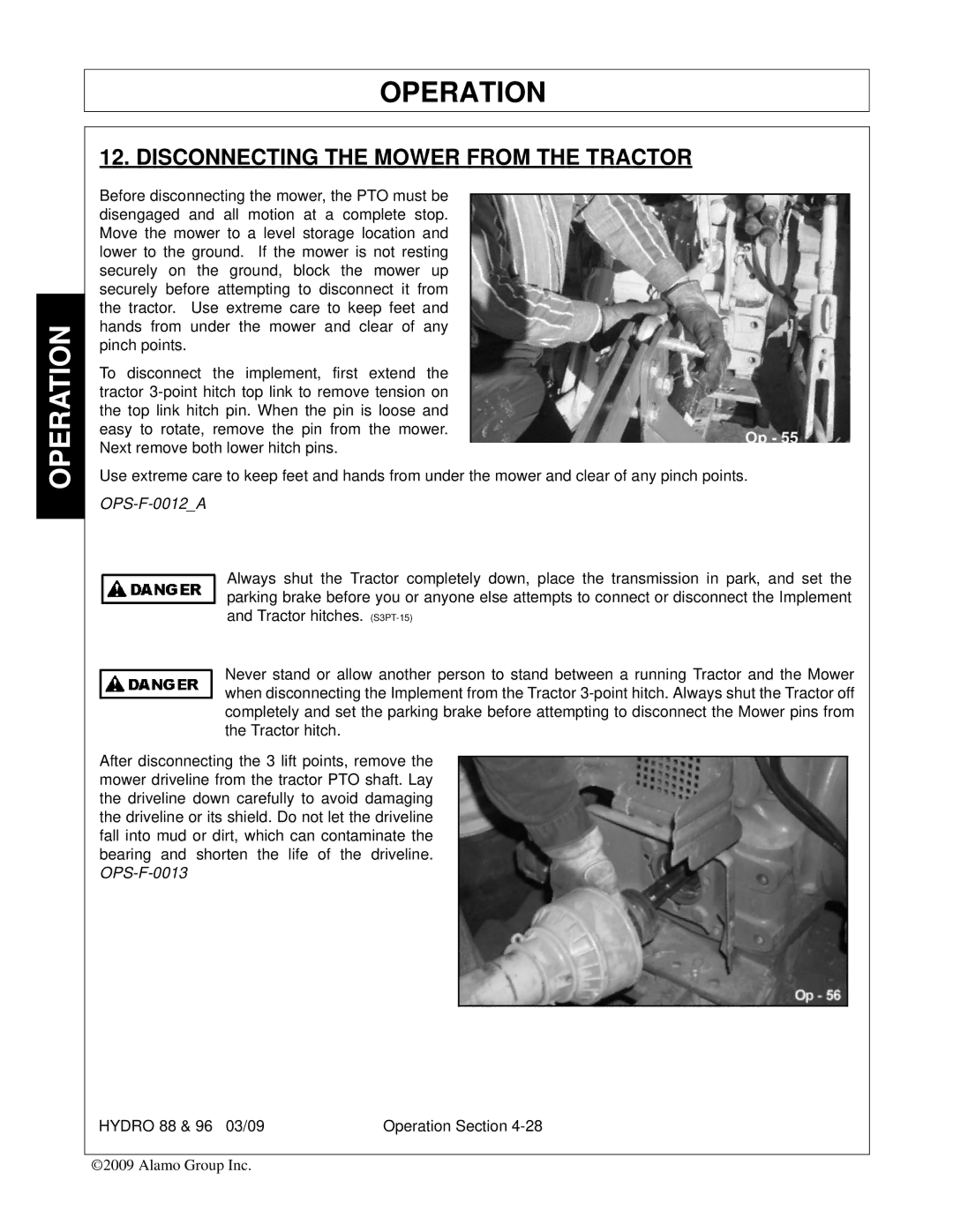 Alamo 96, 88 manual Disconnecting the Mower from the Tractor, OPS-F-0012A 