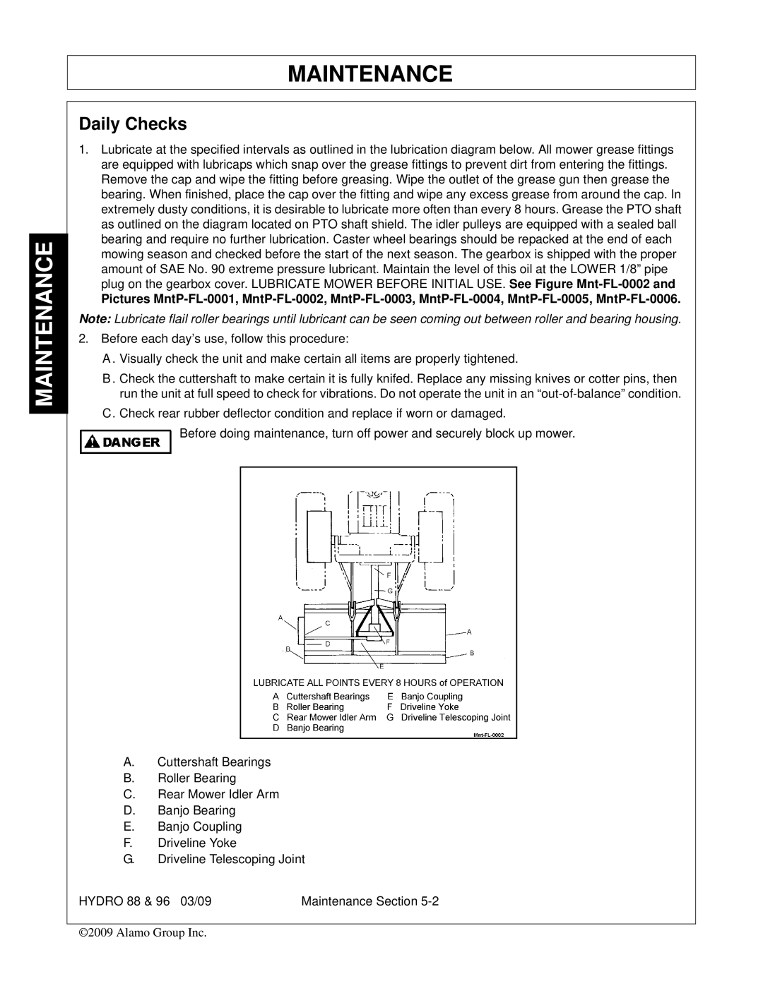 Alamo 96, 88 manual Maintenance, Daily Checks 