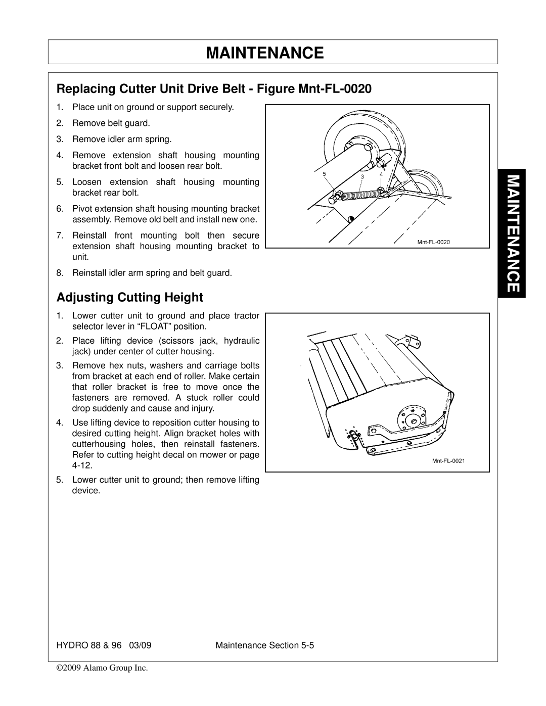 Alamo 88, 96 manual Replacing Cutter Unit Drive Belt Figure Mnt-FL-0020, Adjusting Cutting Height 