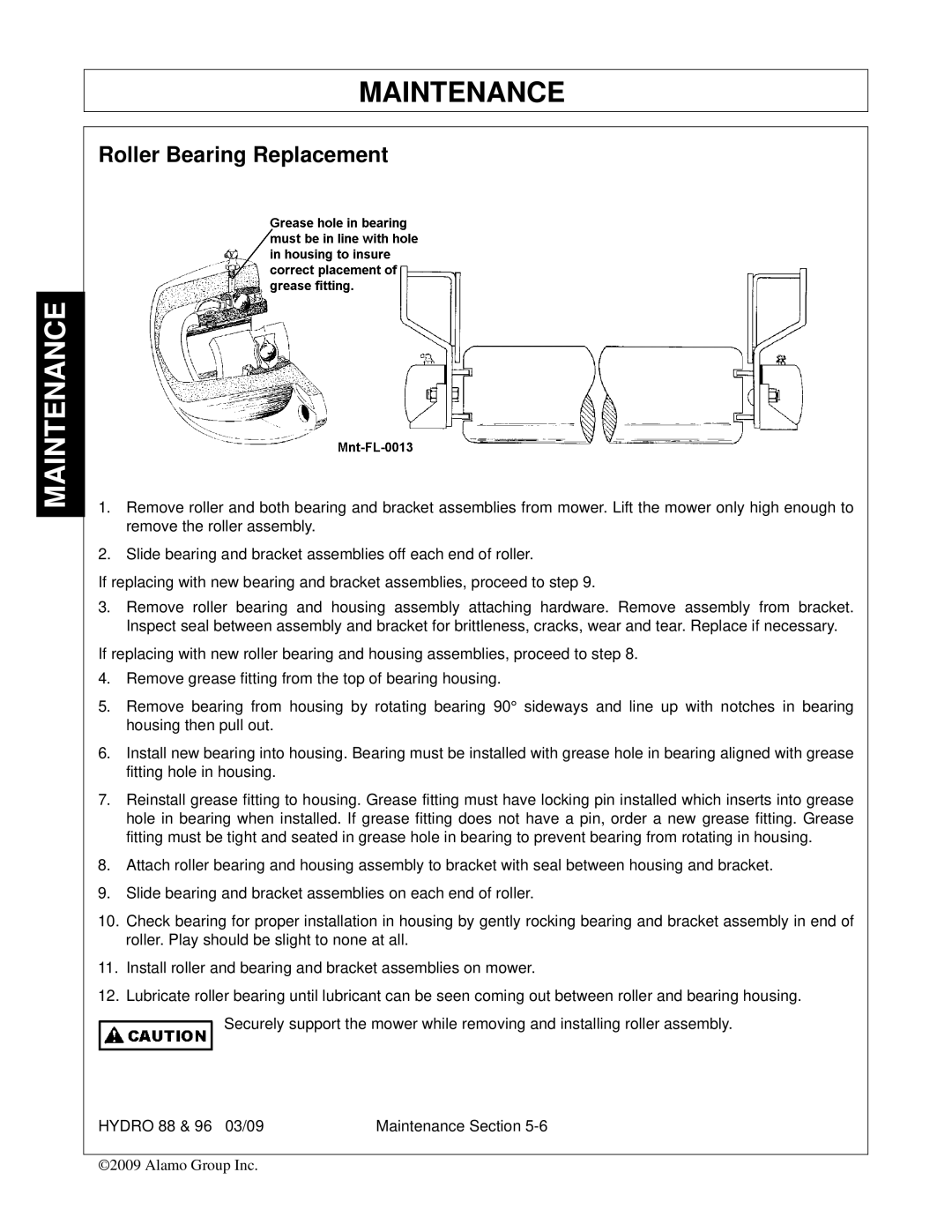 Alamo 96, 88 manual Roller Bearing Replacement 