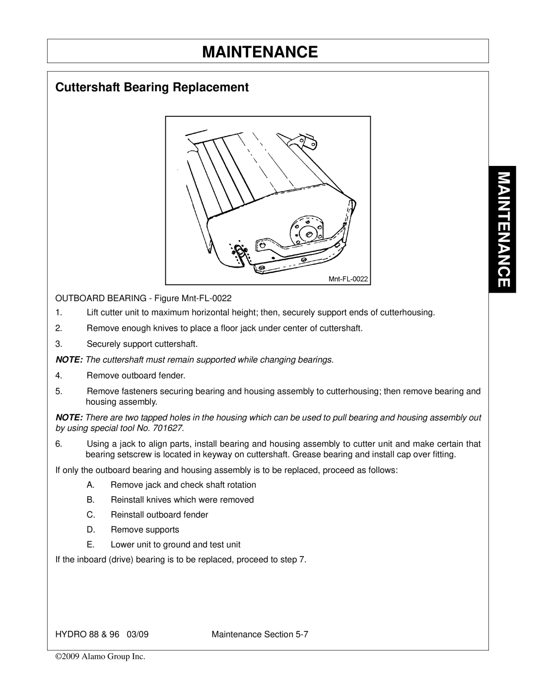 Alamo 88, 96 manual Cuttershaft Bearing Replacement 