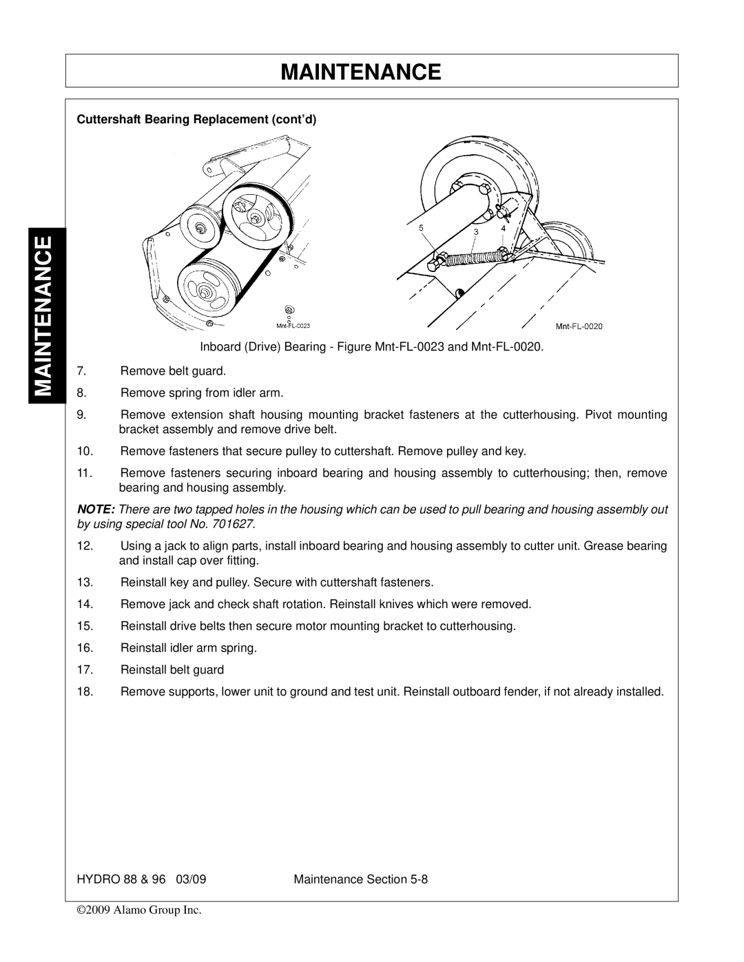 Alamo 96, 88 manual Cuttershaft Bearing Replacement cont’d 