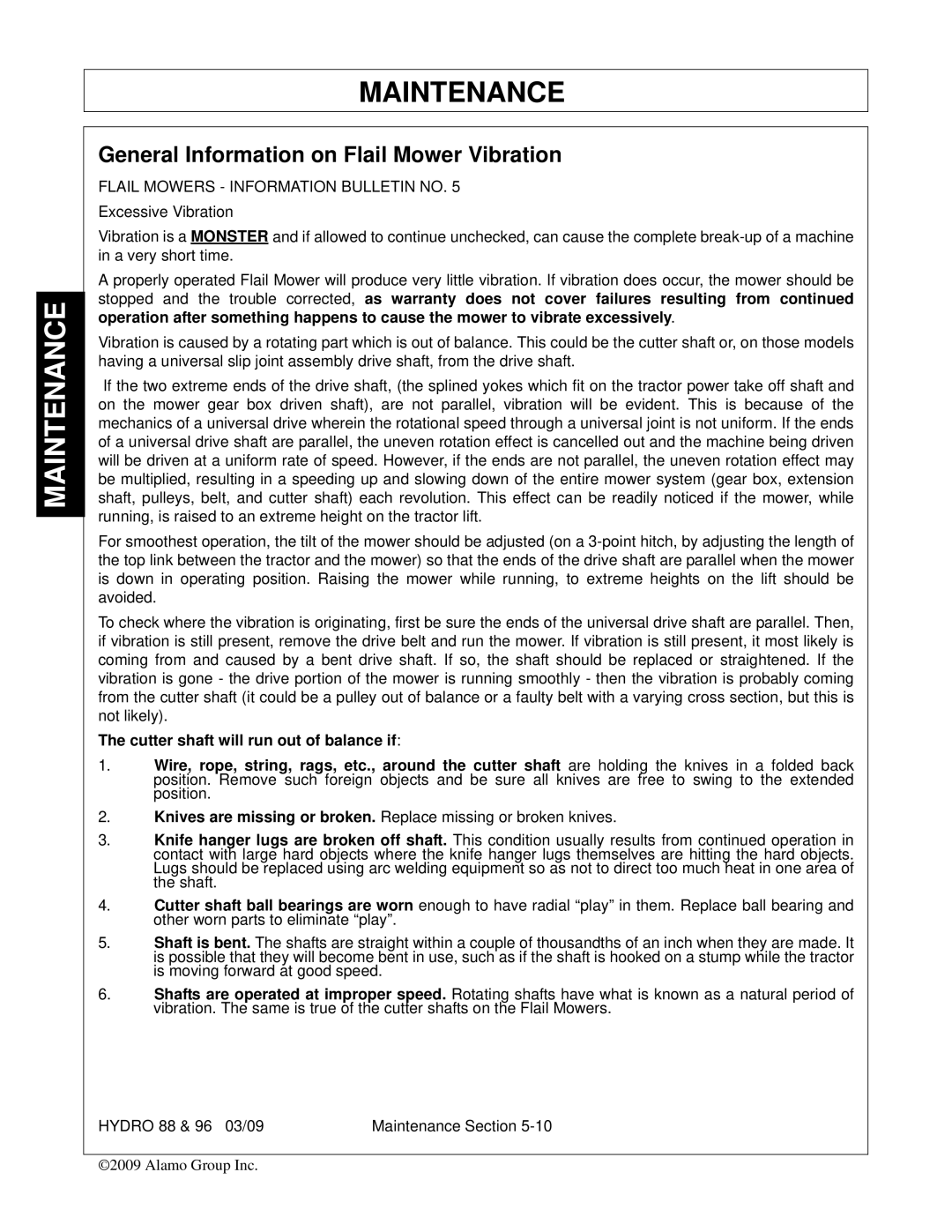 Alamo 96, 88 manual General Information on Flail Mower Vibration 