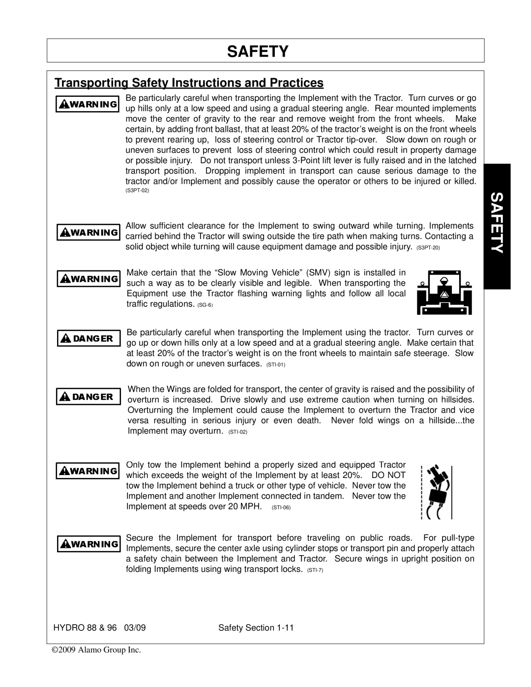 Alamo 88, 96 manual Transporting Safety Instructions and Practices 