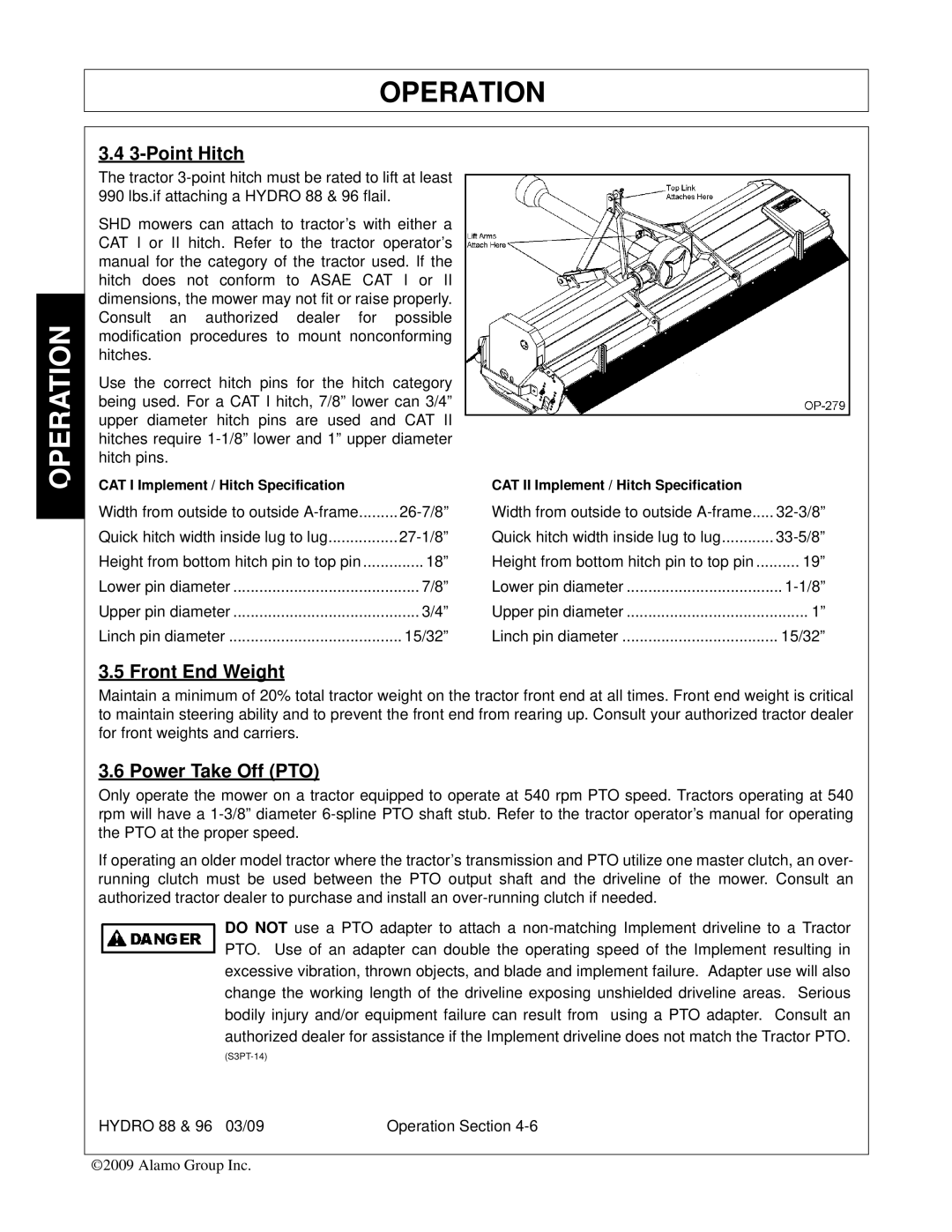 Alamo 96, 88 manual Point Hitch, Front End Weight, Power Take Off PTO 