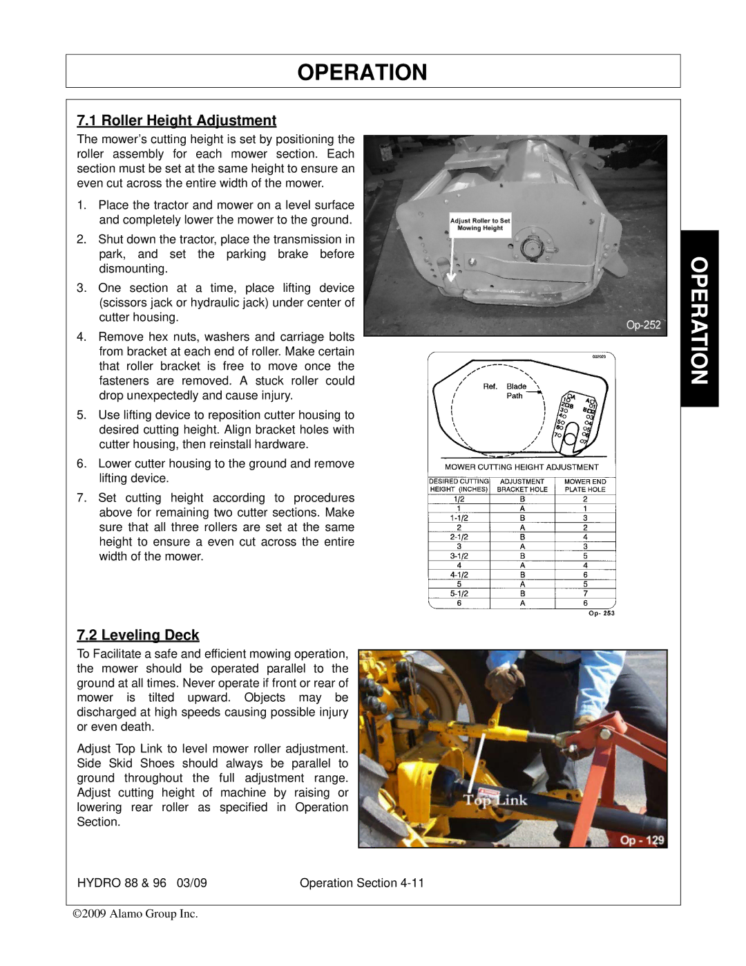 Alamo 88, 96 manual Roller Height Adjustment, Leveling Deck 