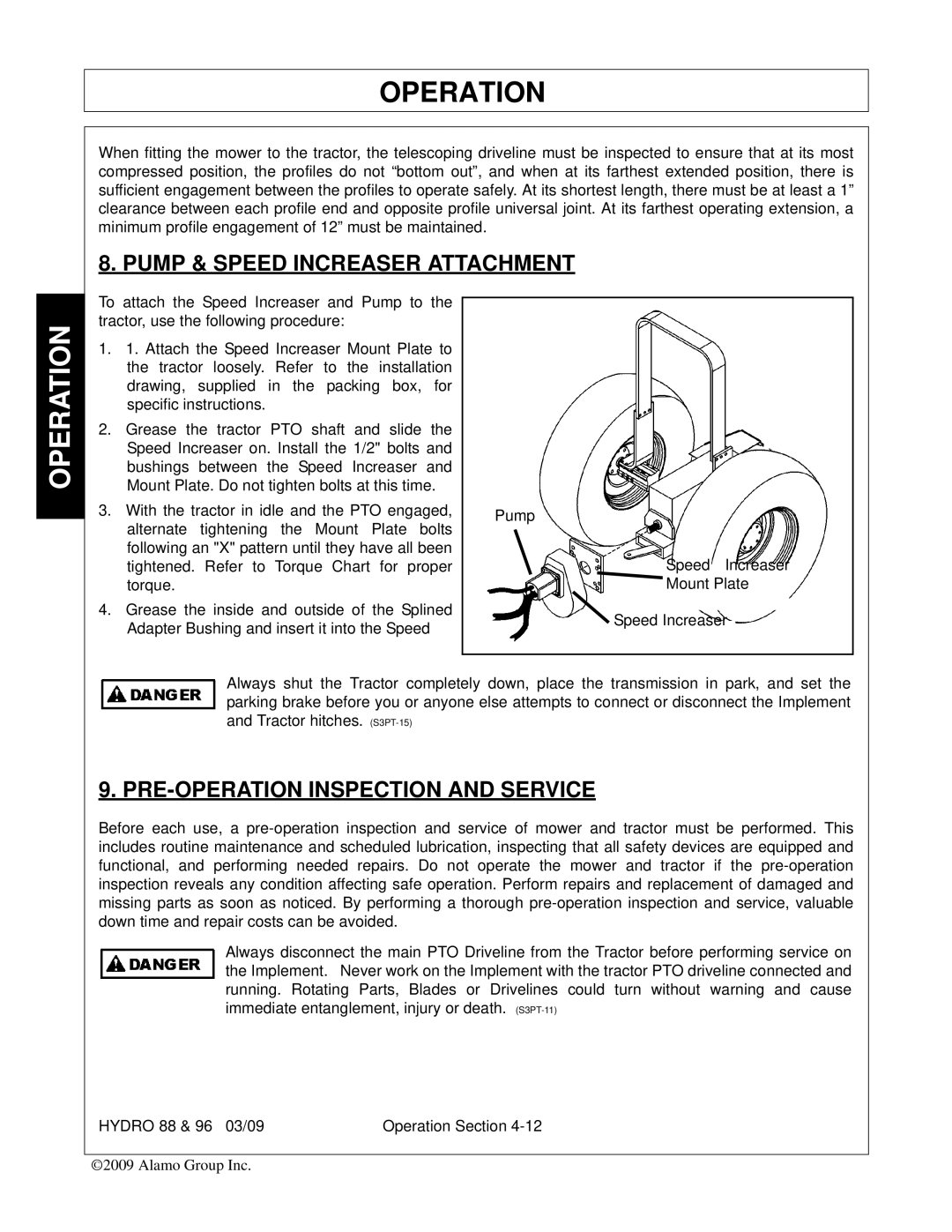 Alamo 96, 88 manual Pump & Speed Increaser Attachment, PRE-OPERATION Inspection and Service 