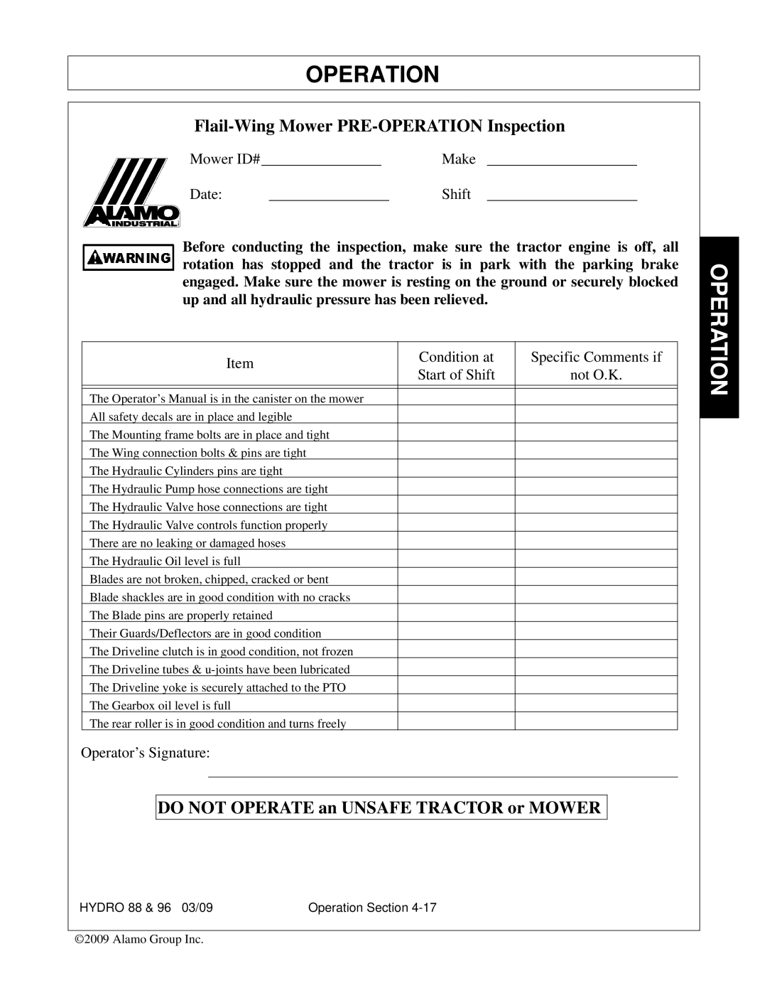 Alamo 88, 96 manual Flail-Wing Mower PRE-OPERATION Inspection 