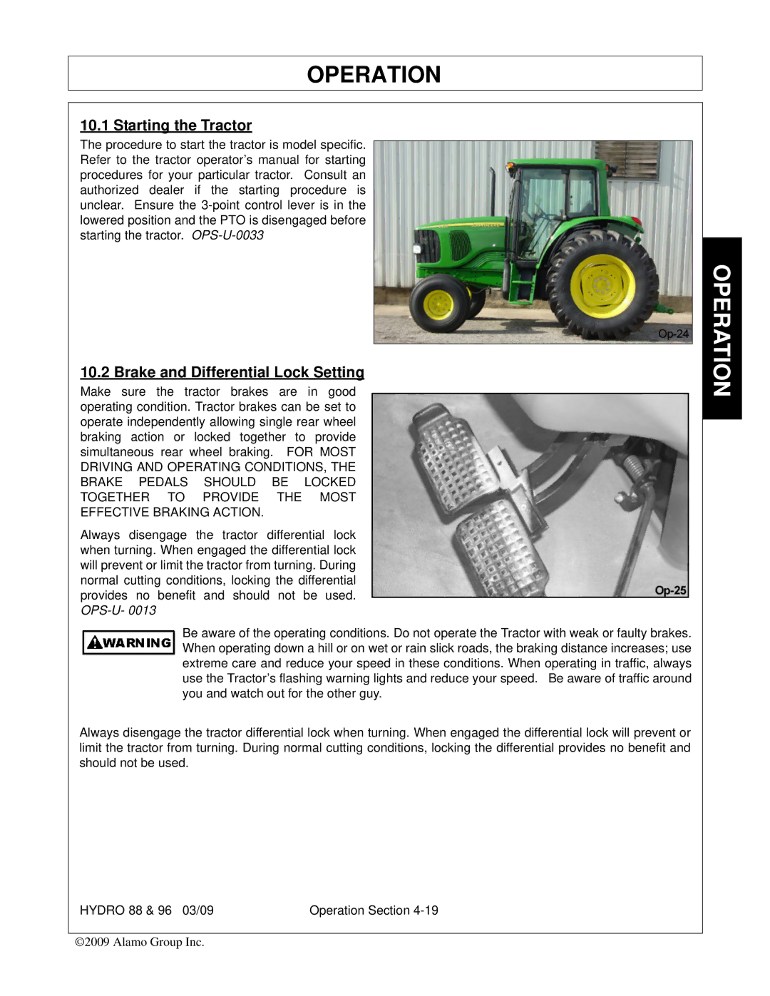 Alamo 88, 96 manual Starting the Tractor, Brake and Differential Lock Setting 