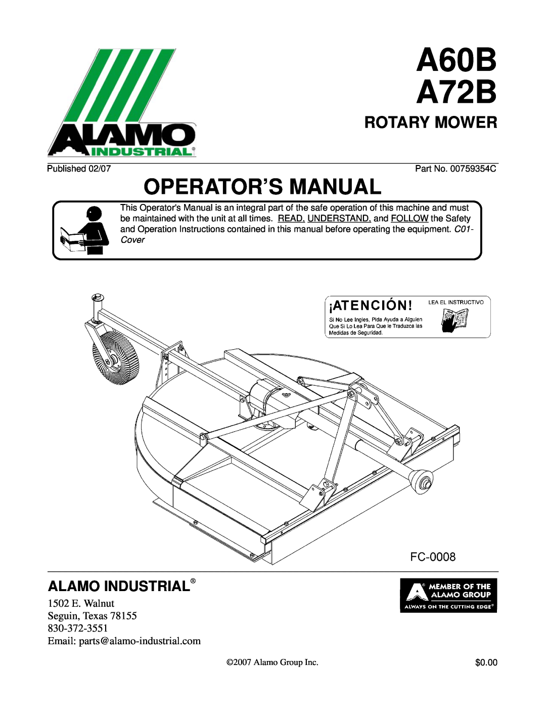 Alamo 00759354C manual A60B A72B, Rotary Mower, Alamo Industrial, Operator’S Manual 