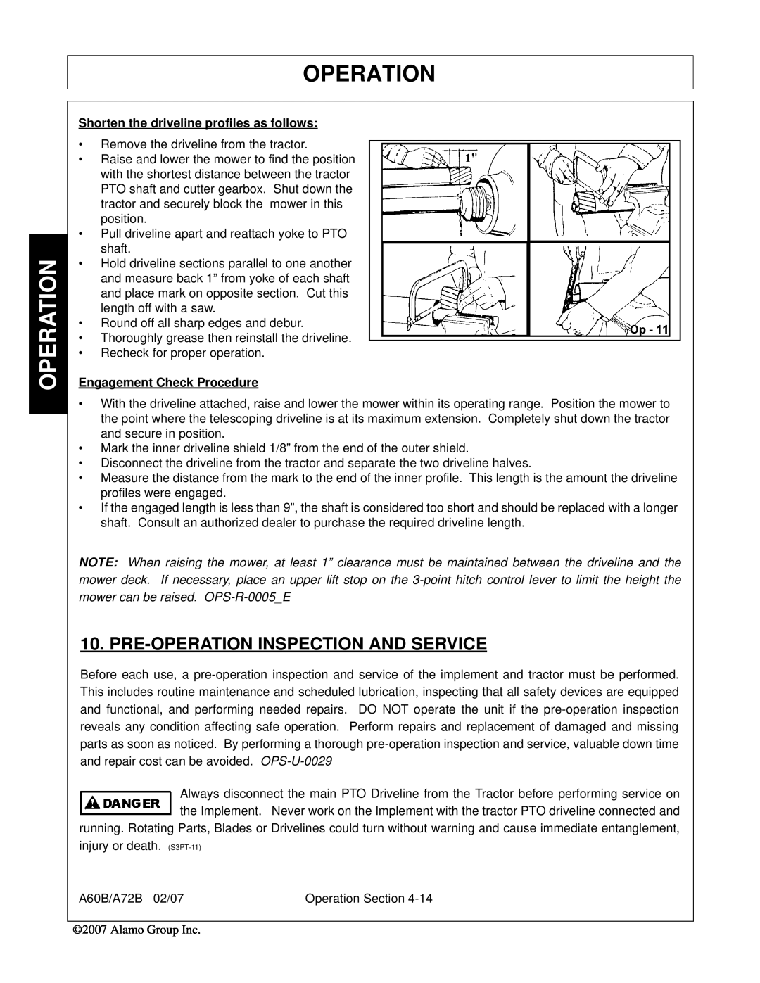 Alamo A72B Pre-Operation Inspection And Service, Shorten the driveline profiles as follows, Engagement Check Procedure 