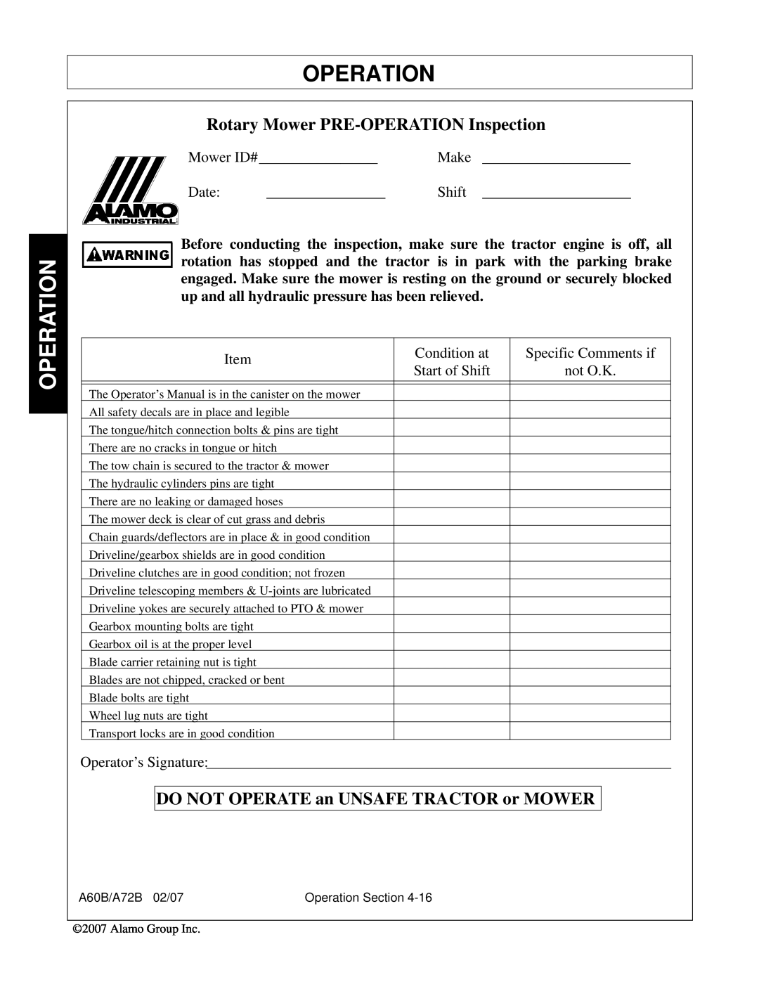 Alamo A60B Rotary Mower PRE-OPERATION Inspection, DO NOT OPERATE an UNSAFE TRACTOR or MOWER, Operation, Mower ID#, Make 