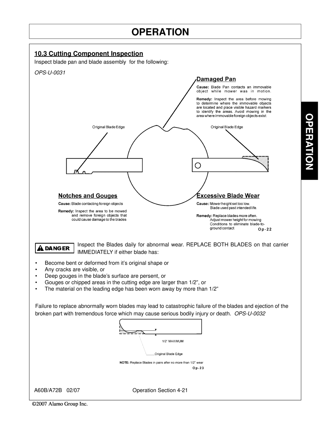 Alamo 00759354C, A60B, A72B manual Cutting Component Inspection, Operation, OPS-U-0031 