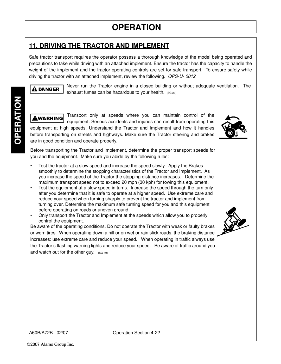 Alamo A60B, A72B, 00759354C manual Driving The Tractor And Implement, Operation 