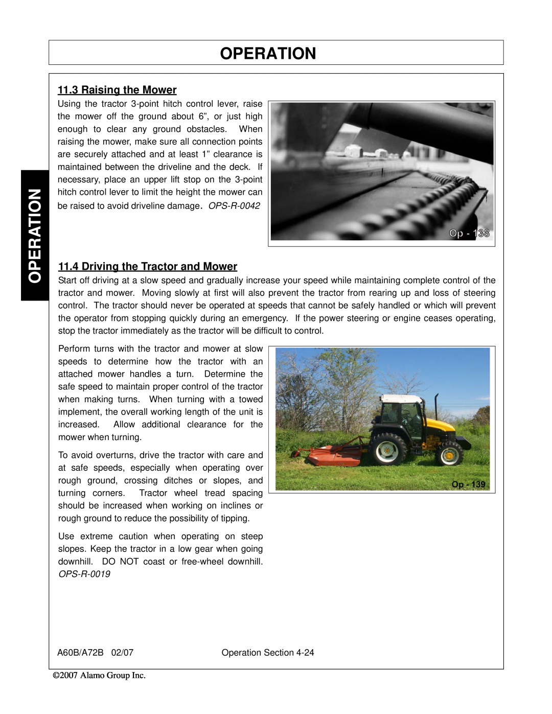 Alamo 00759354C, A60B, A72B manual Raising the Mower, Driving the Tractor and Mower, Operation 
