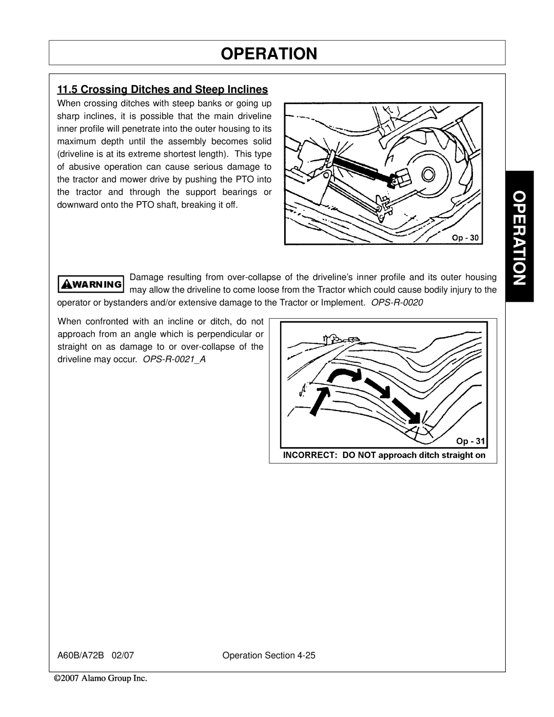 Alamo A60B, A72B, 00759354C manual Crossing Ditches and Steep Inclines, Operation 