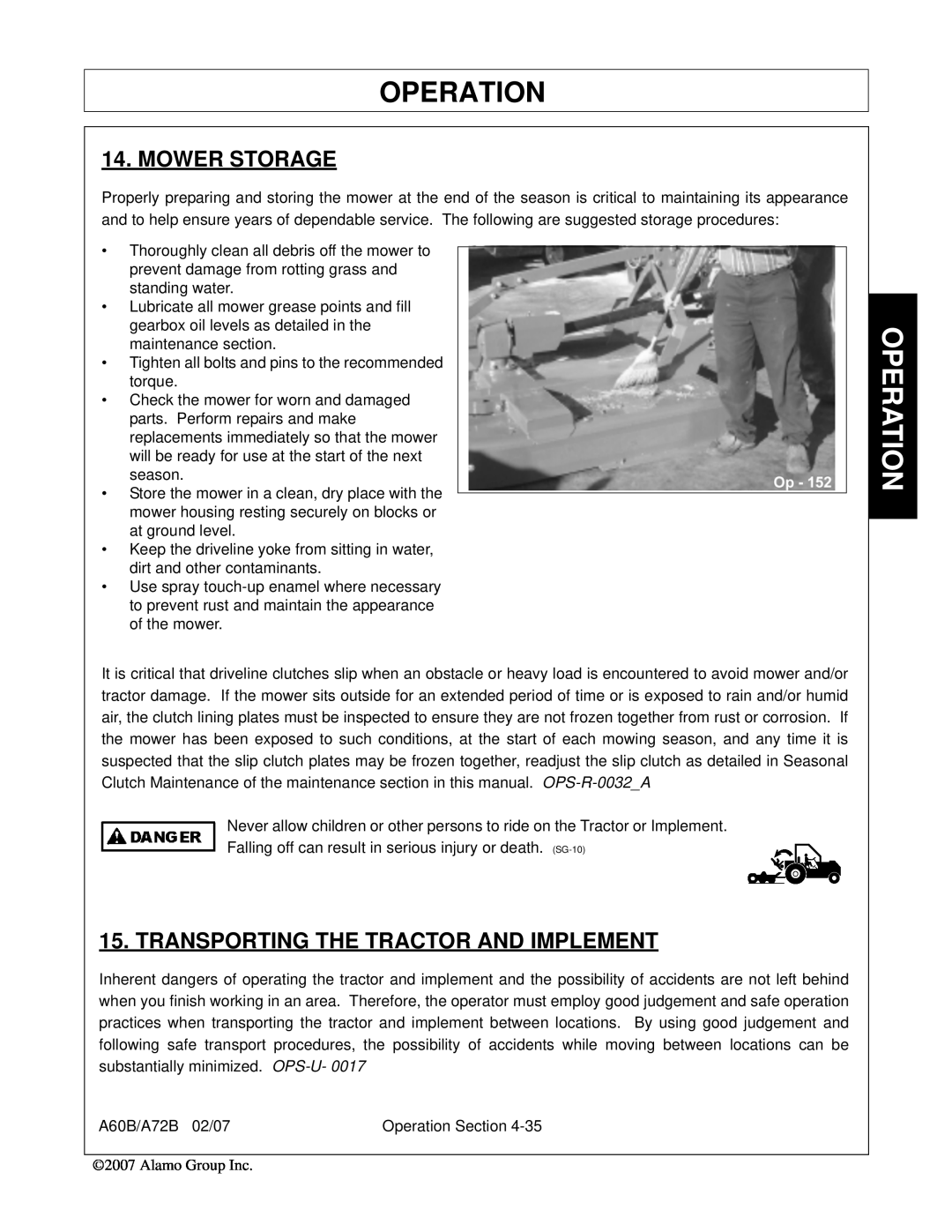 Alamo A72B, A60B, 00759354C manual Mower Storage, Transporting The Tractor And Implement, Operation 