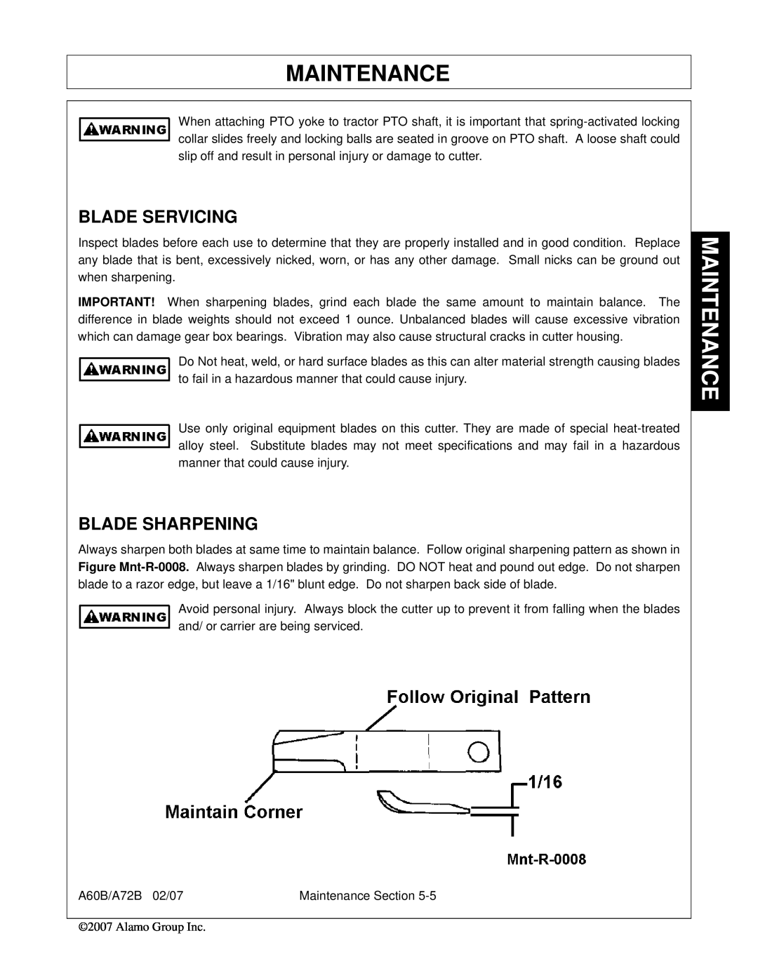 Alamo A72B, A60B, 00759354C manual Blade Servicing, Blade Sharpening, Maintenance 