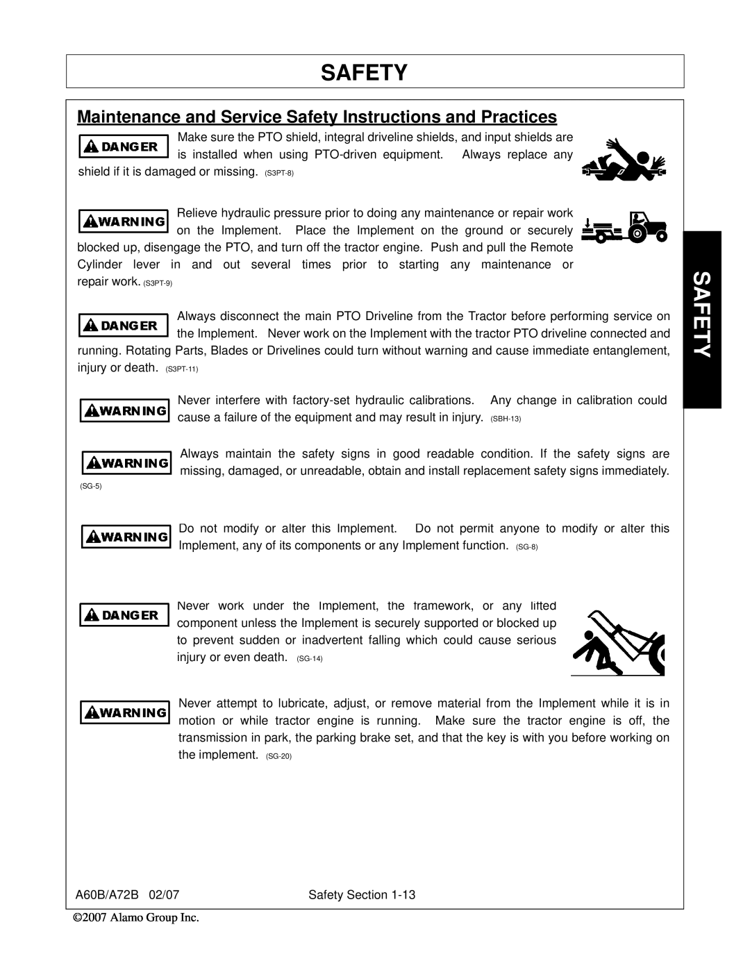 Alamo A72B, A60B, 00759354C manual Maintenance and Service Safety Instructions and Practices, SG-5 