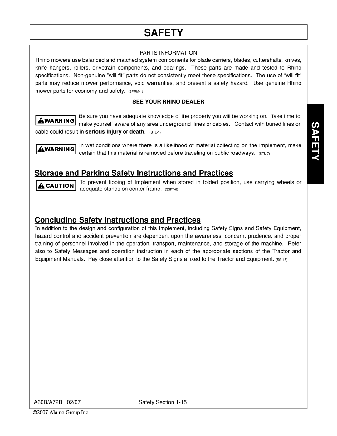 Alamo A60B, A72B manual Storage and Parking Safety Instructions and Practices, Concluding Safety Instructions and Practices 