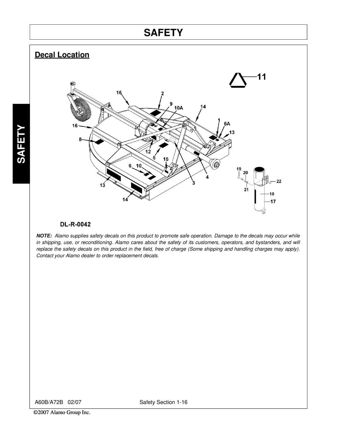 Alamo A72B, A60B, 00759354C manual Decal Location, Safety 