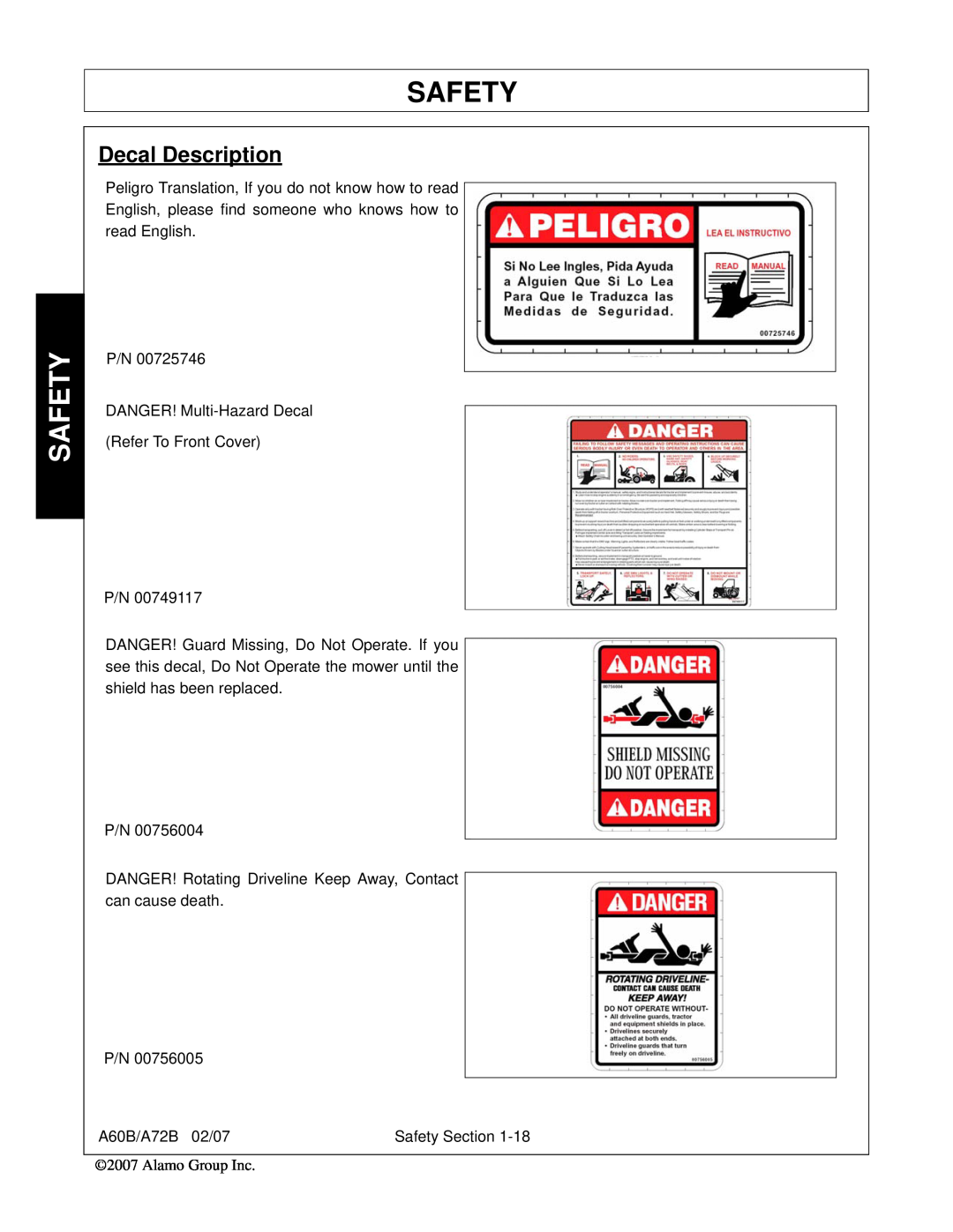 Alamo A60B, A72B, 00759354C manual Decal Description, Safety 