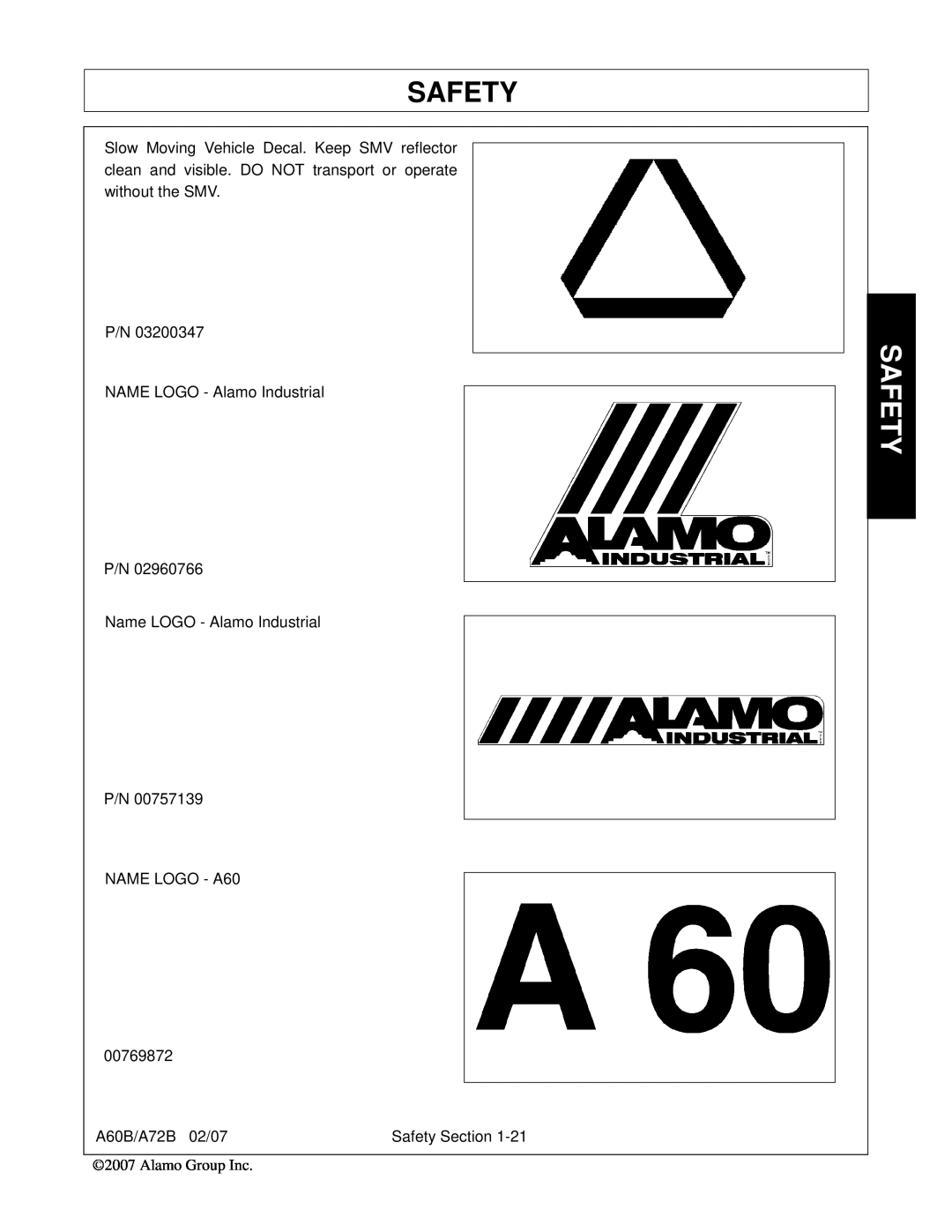 Alamo A60B, A72B, 00759354C manual Safety 