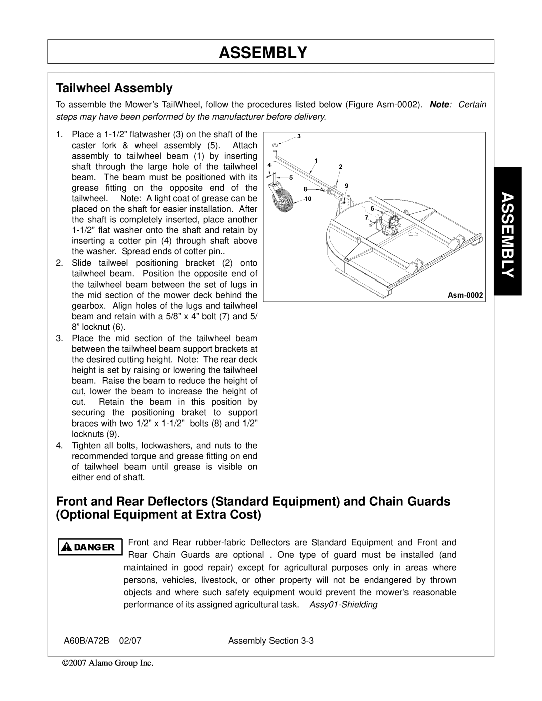 Alamo A60B, A72B, 00759354C manual Tailwheel Assembly, Front and Rear Deflectors Standard Equipment and Chain Guards 