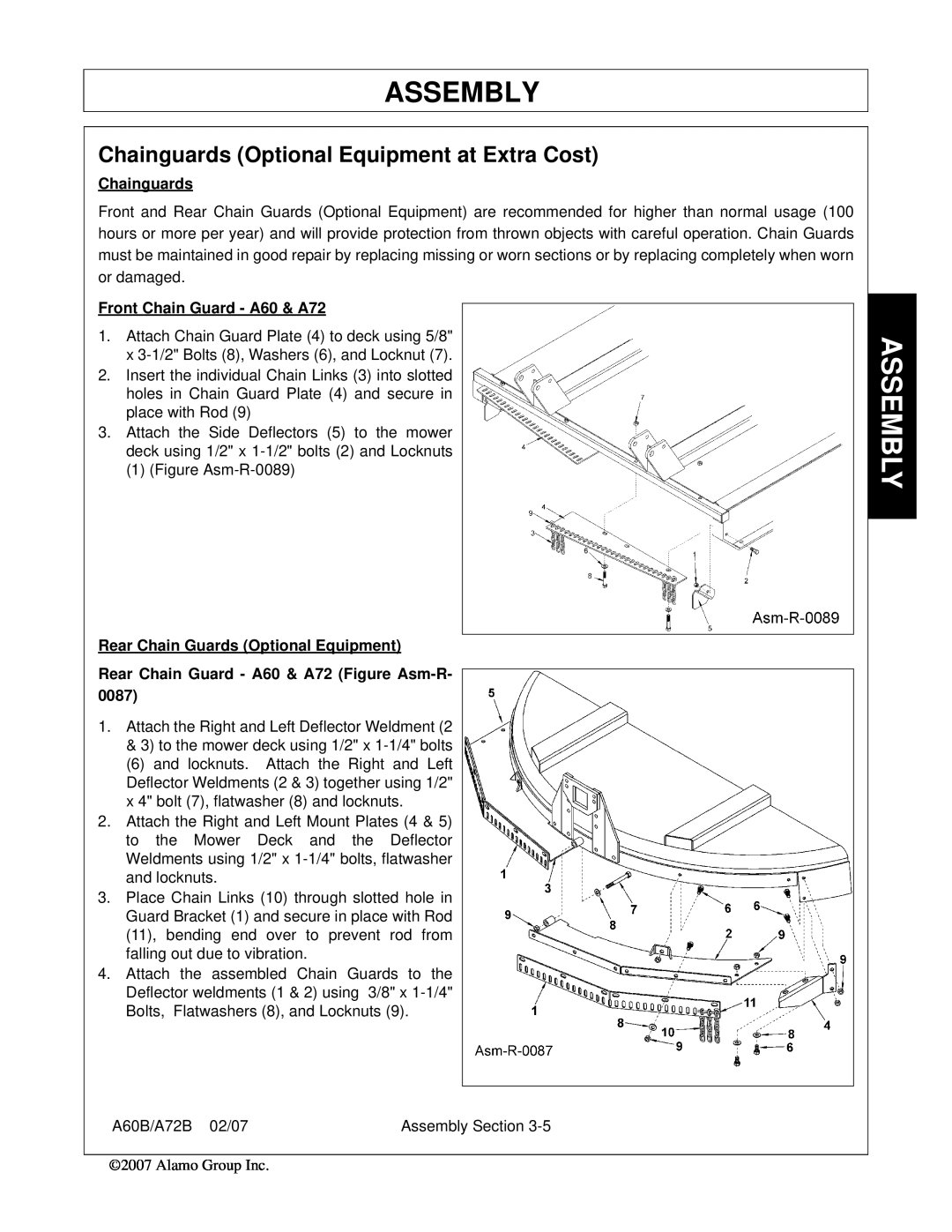 Alamo 00759354C, A60B, A72B manual Chainguards Optional Equipment at Extra Cost, Assembly, Front Chain Guard - A60 & A72 