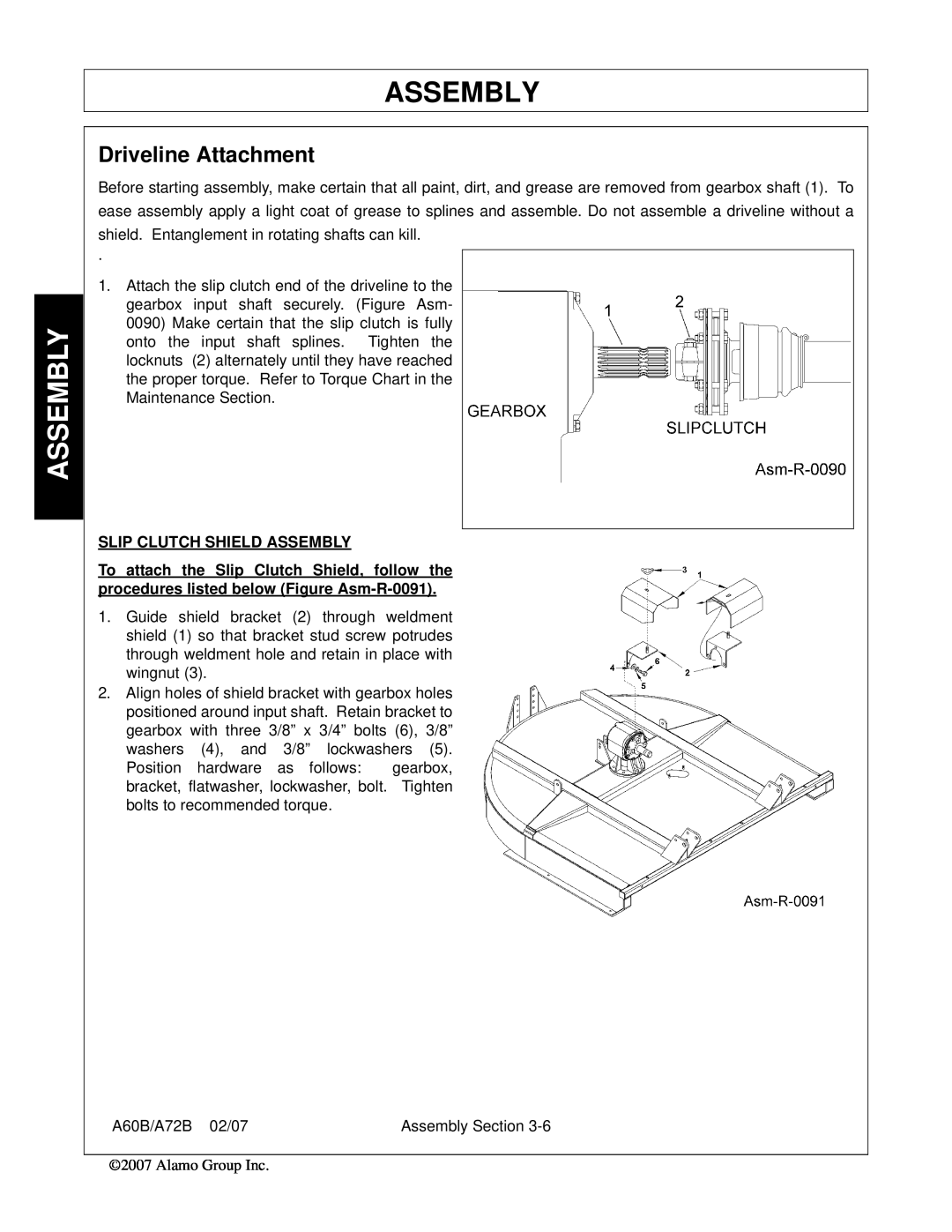 Alamo A60B, A72B, 00759354C manual Driveline Attachment, Slip Clutch Shield Assembly 