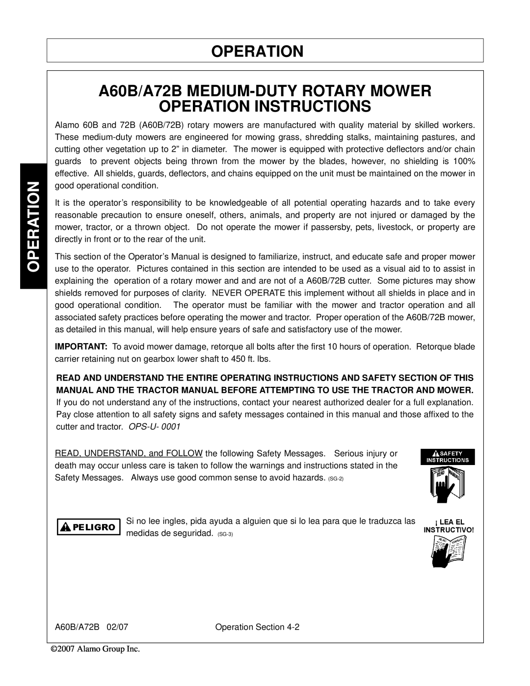Alamo 00759354C manual Operation, A60B/A72B MEDIUM-DUTY ROTARY MOWER OPERATION INSTRUCTIONS 