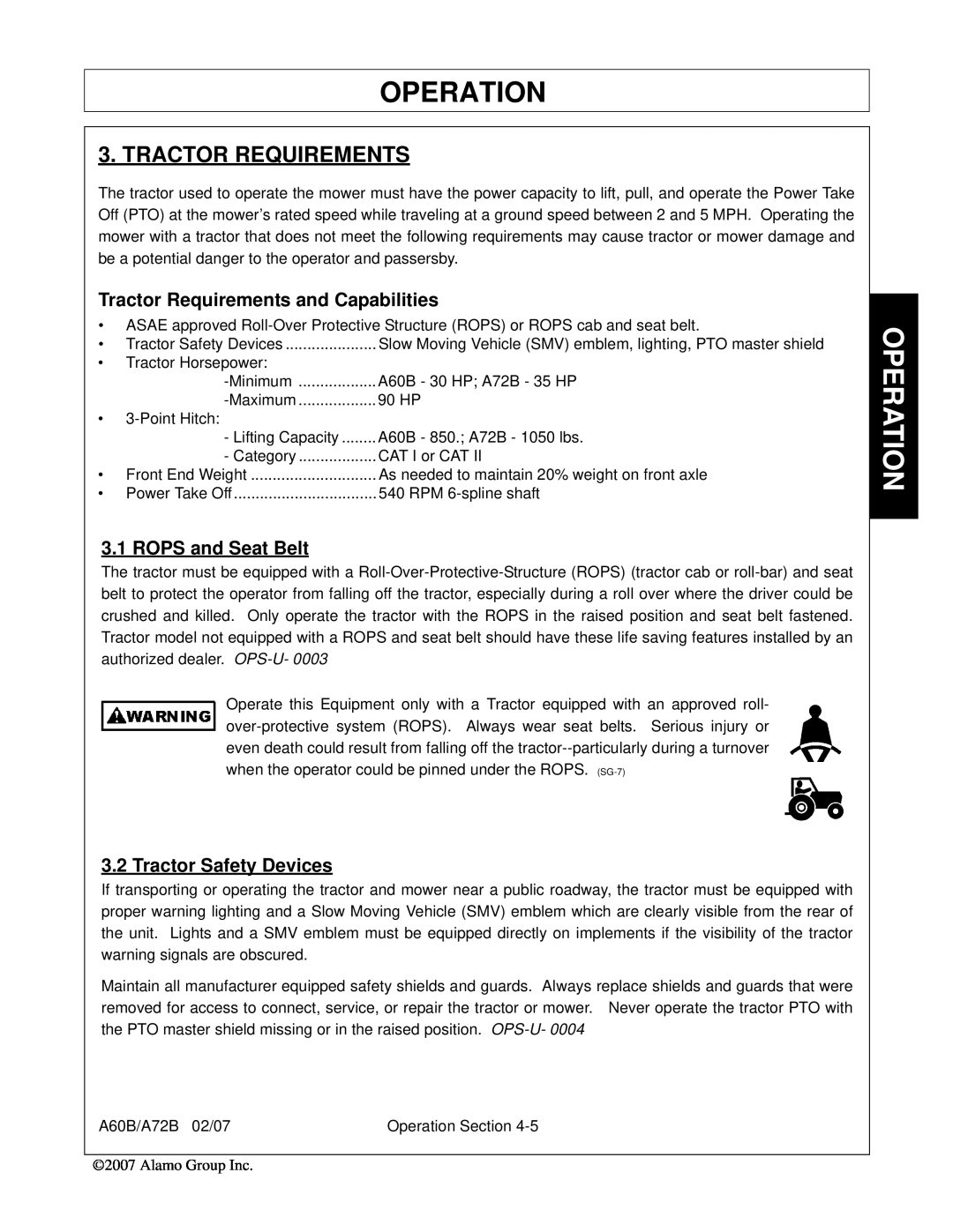 Alamo A72B, A60B manual Tractor Requirements and Capabilities, ROPS and Seat Belt, Tractor Safety Devices, Operation 