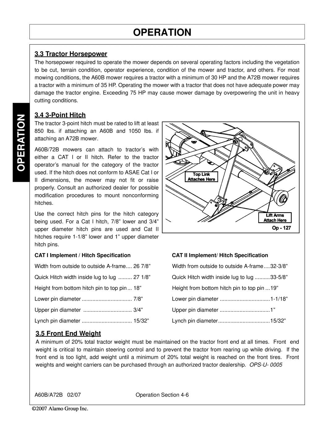 Alamo 00759354C Tractor Horsepower, 3.4 3-Point Hitch, Front End Weight, Operation, CAT I Implement / Hitch Specification 